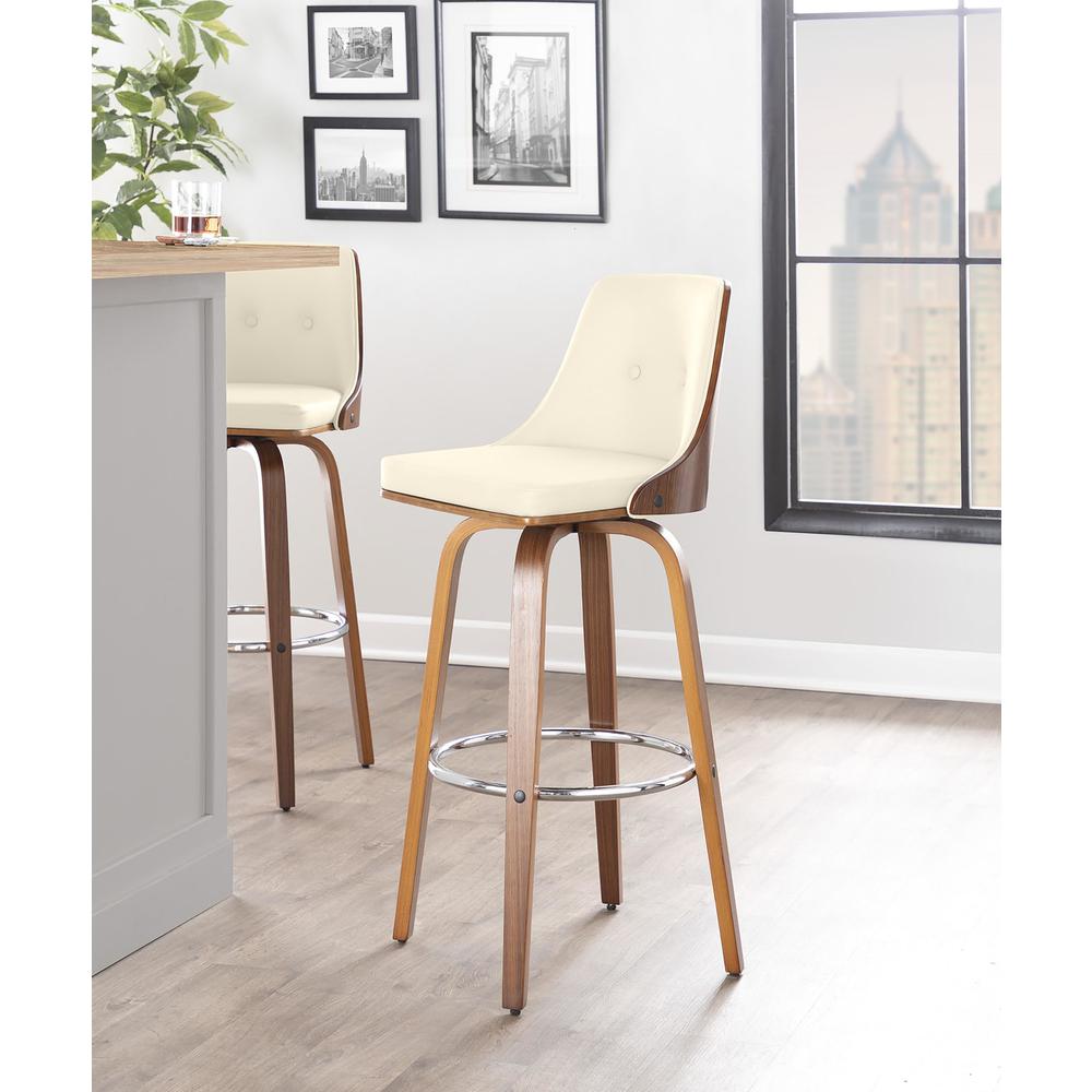 Walnut Wood, Chrome Metal, Cream PU Gianna Fixed-Height Barstool - Set of 2. Picture 8