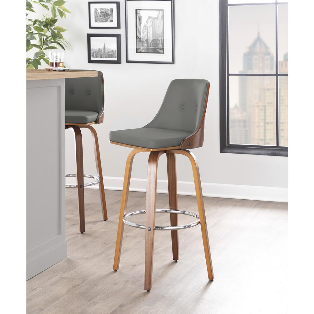 Walnut Wood, Chrome Metal, Grey PU Gianna Fixed-Height Barstool - Set of 2. Picture 8
