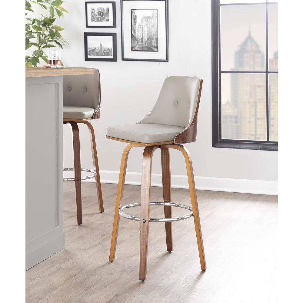 Walnut Wood, Chrome Metal, Light Grey PU Gianna Fixed-Height Barstool - Set of 2. Picture 8