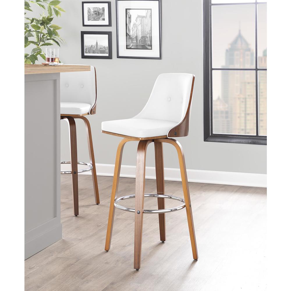 Walnut Wood, Chrome Metal, White PU Gianna Fixed-Height Barstool - Set of 2. Picture 9
