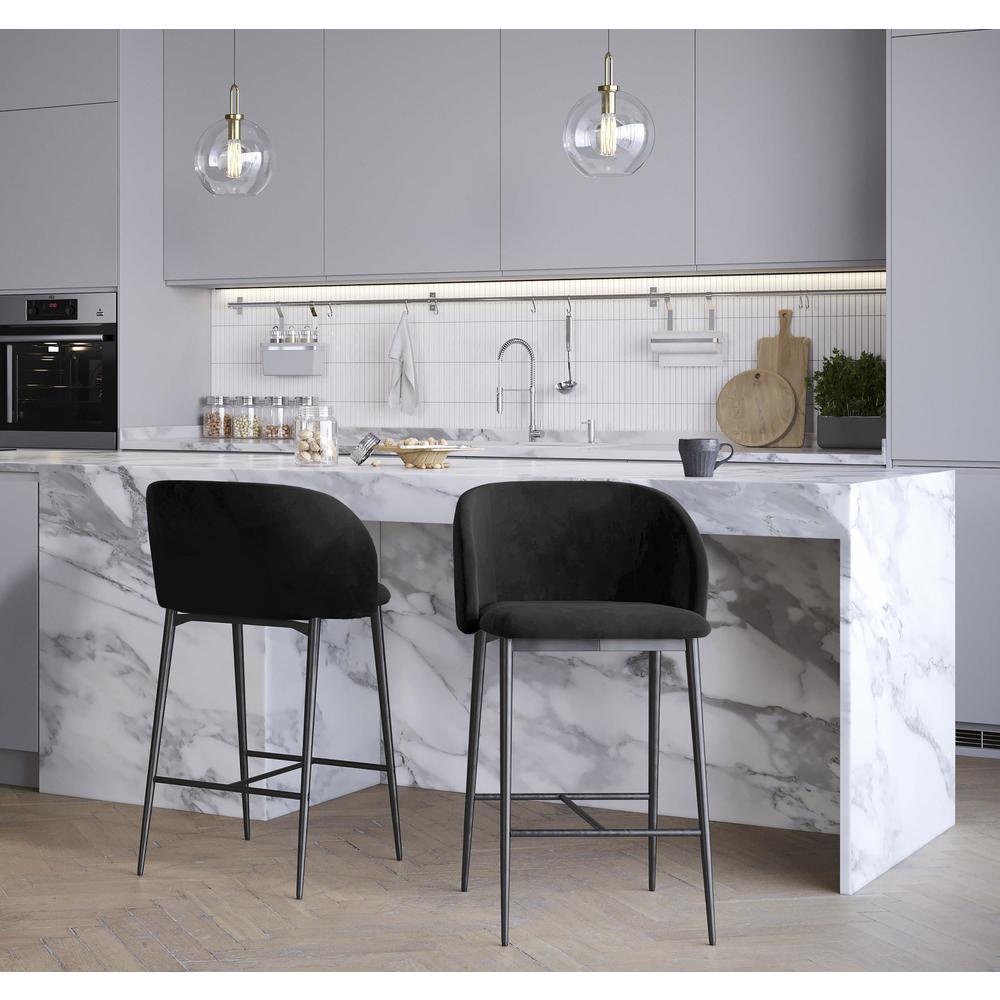 Black Metal, Black Velvet Fran 26" Fixed-Height Counter Stool - Set of 2. Picture 8