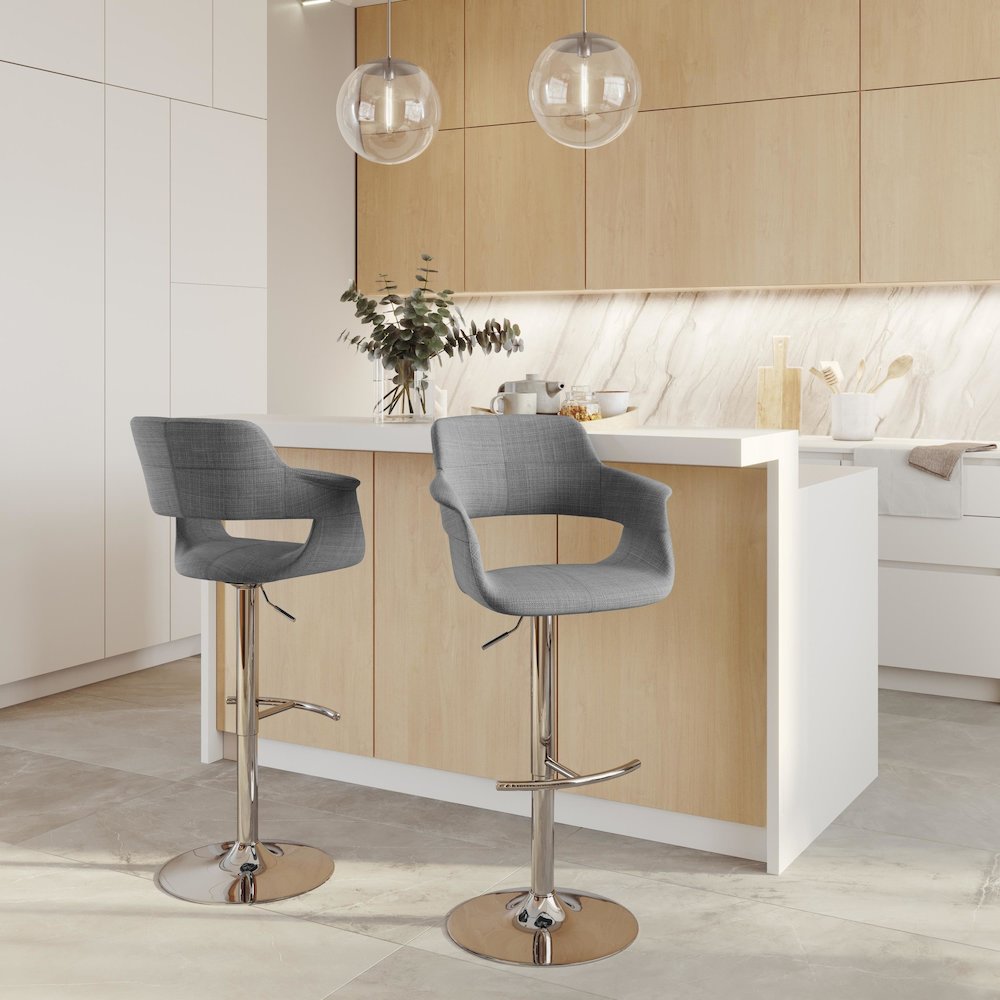 Chrome Metal, Light Grey Fabric Vintage Flair Adjustable Barstool - Set of 2. Picture 7