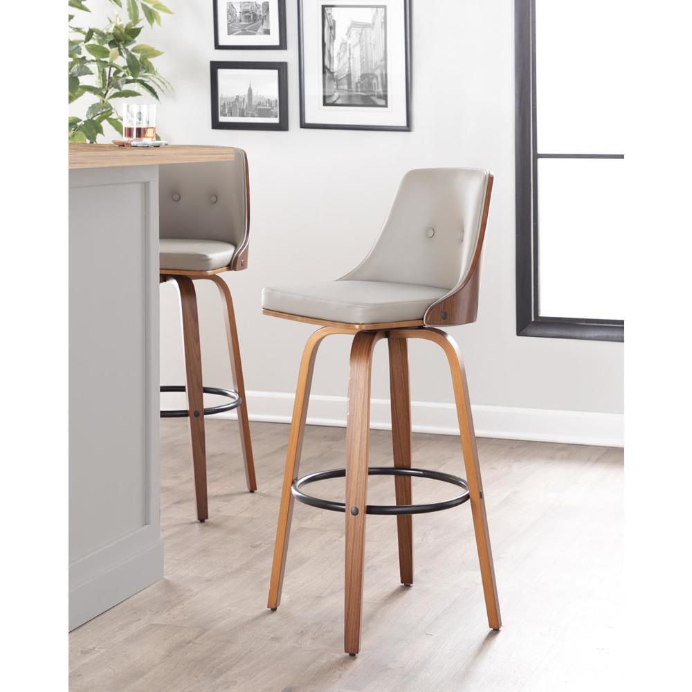 Walnut Wood, Light Grey PU, Black Metal Gianna Fixed-Height Barstool - Set of 2. Picture 6