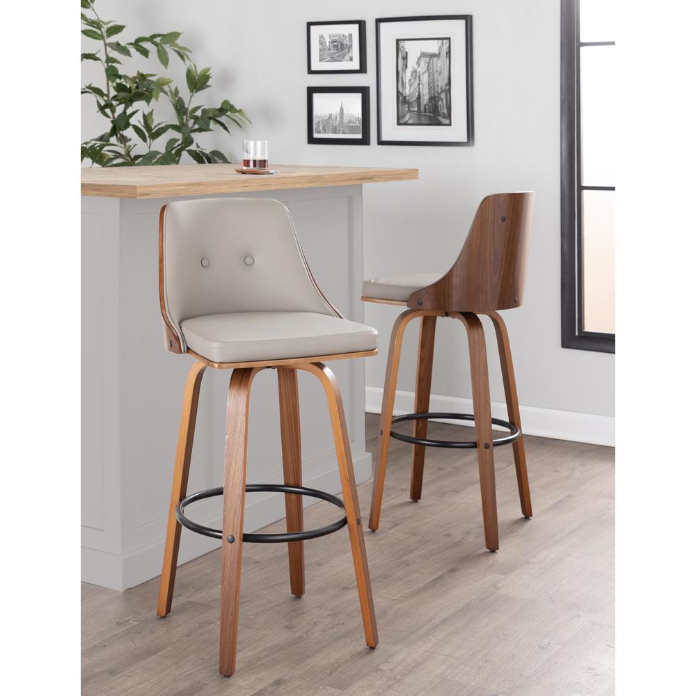 Walnut Wood, Light Grey PU, Black Metal Gianna Fixed-Height Barstool - Set of 2. Picture 7