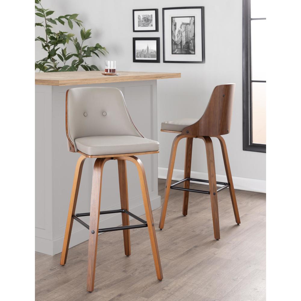 Walnut Wood, Light Grey PU, Black Metal Gianna Fixed-Height Barstool - Set of 2. Picture 8