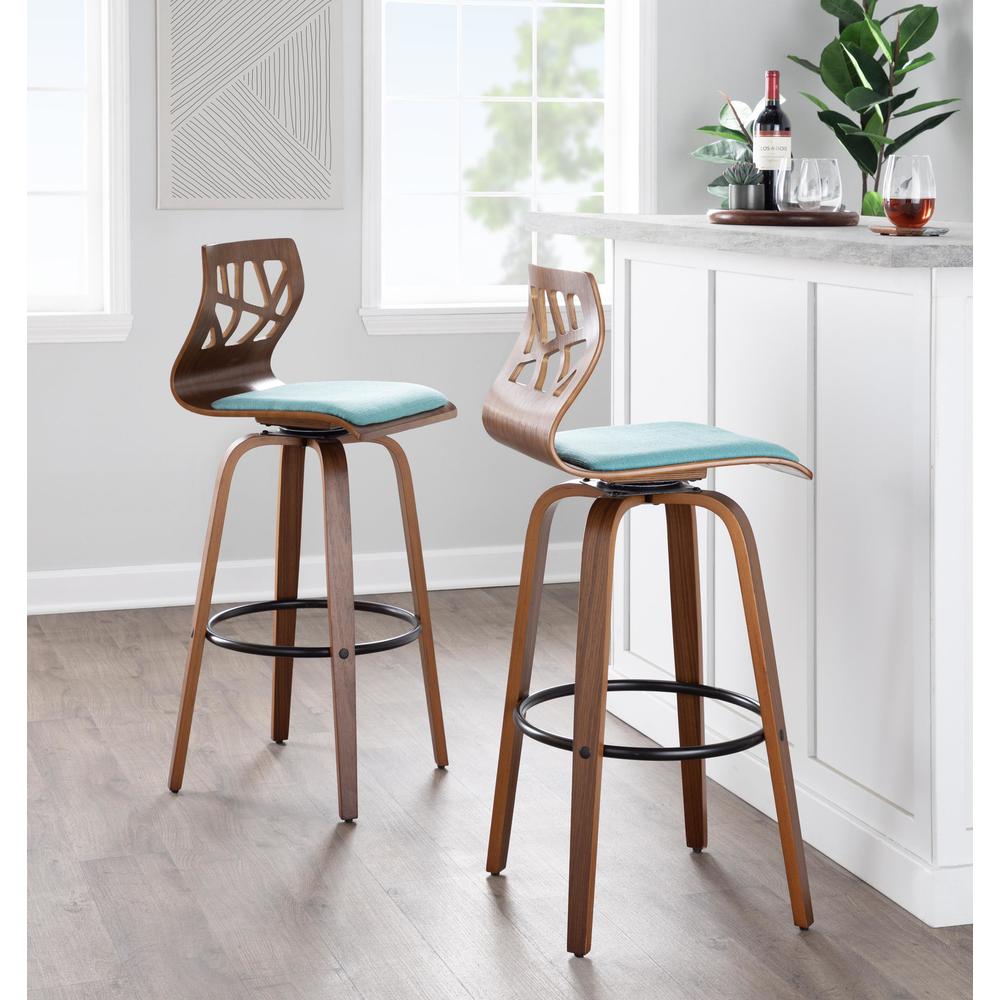 Walnut Wood, Black Metal, Teal Fabric Folia 30" Fixed-Height Barstool - Set of 2. Picture 7