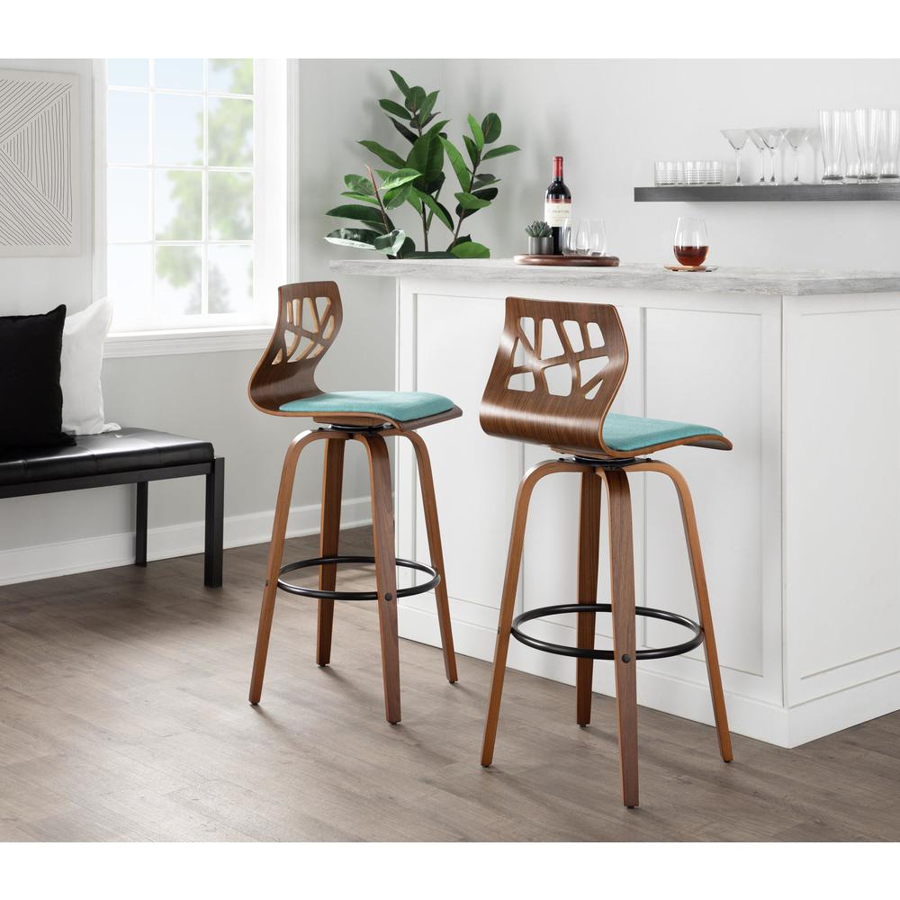 Walnut Wood, Black Metal, Teal Fabric Folia 30" Fixed-Height Barstool - Set of 2. Picture 8