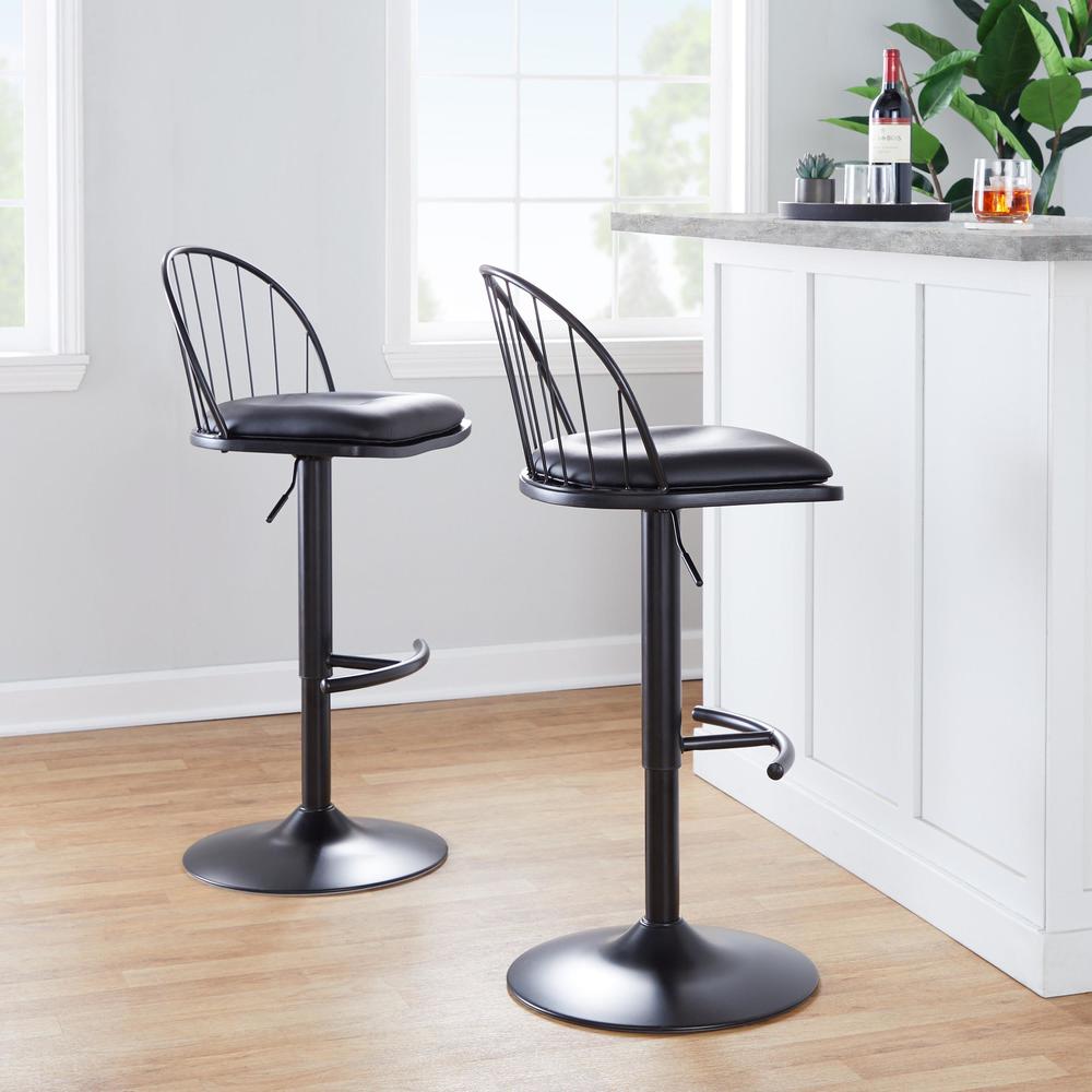 Black Metal, Black Wood, Black PU Riley Adjustable Barstool - Set of 2. Picture 8