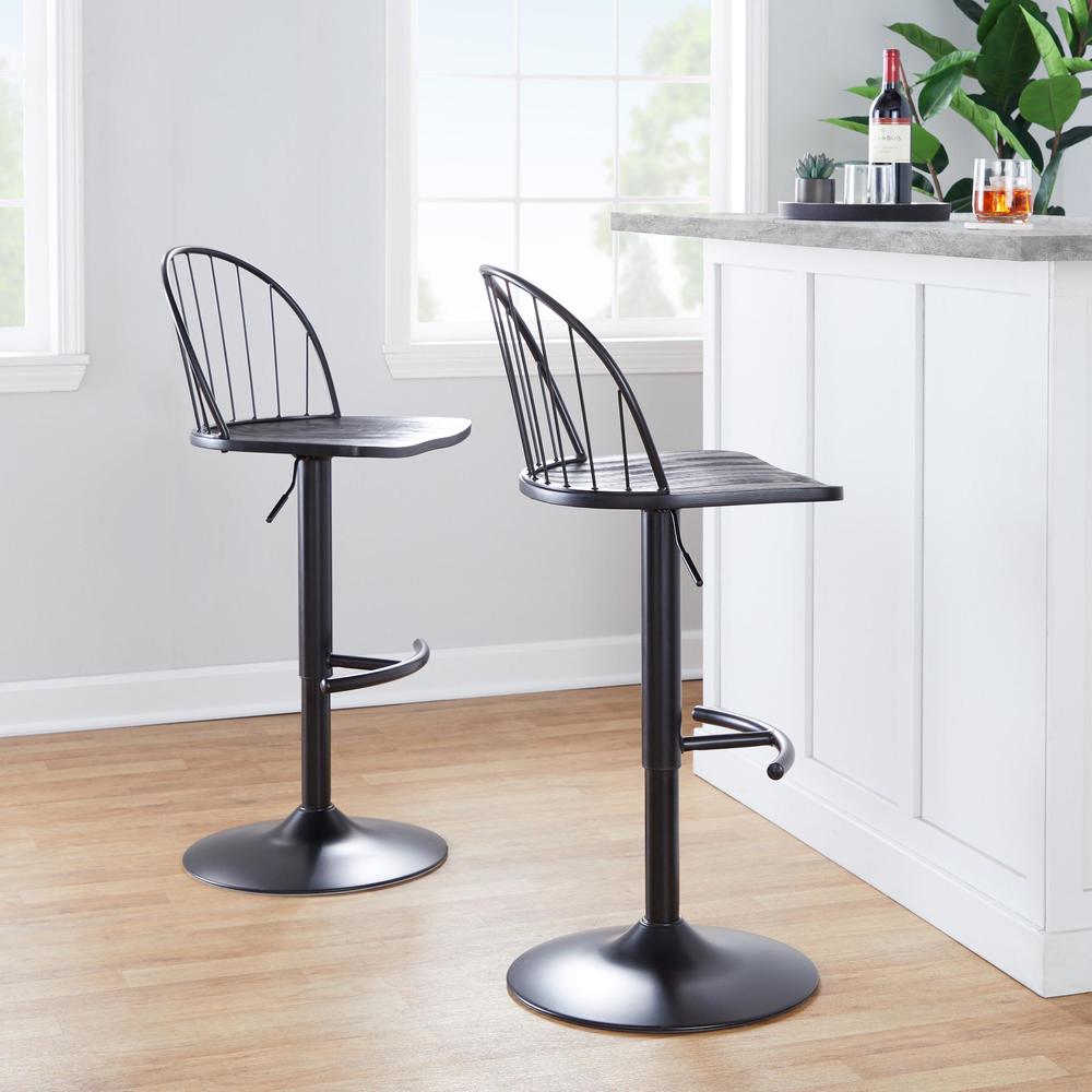 Black Metal, Black Wood, Black PU Riley Adjustable Barstool - Set of 2. Picture 9