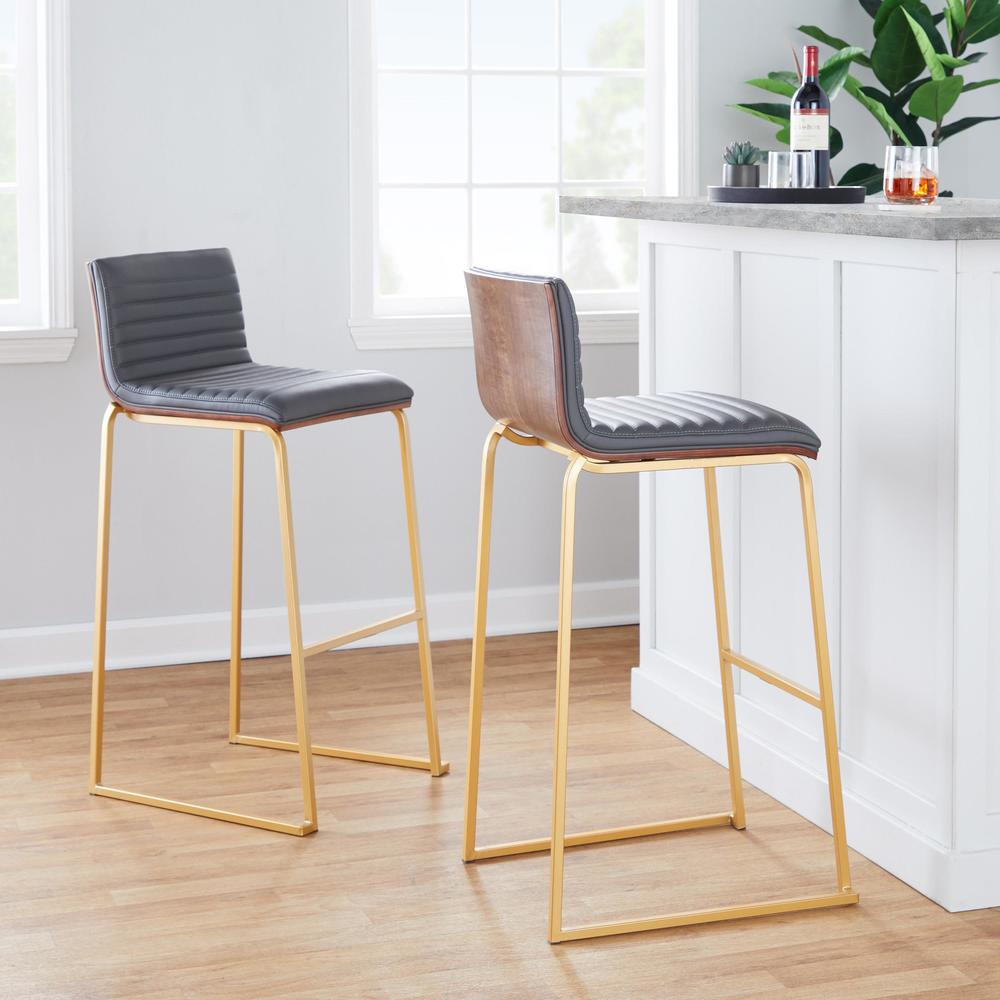 Gold Metal, Walnut Wood, Grey PU Mason Mara 30" Fixed-Height Barstool - Set of 2. Picture 8