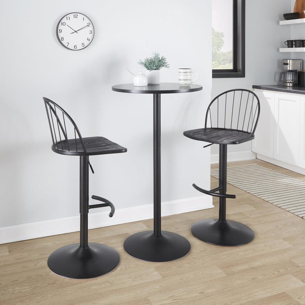 Black Metal, Black Wood, Black PU Riley Adjustable Barstool - Set of 2. Picture 11