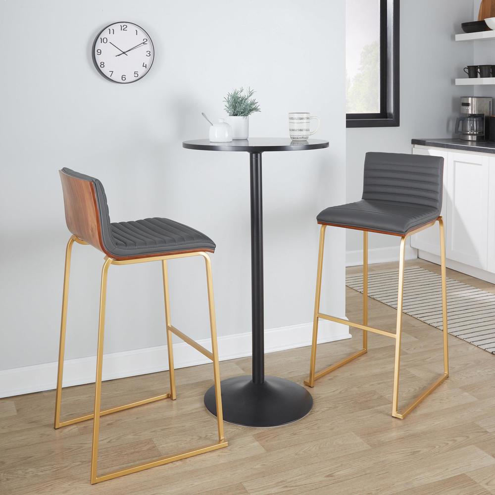 Gold Metal, Walnut Wood, Grey PU Mason Mara 30" Fixed-Height Barstool - Set of 2. Picture 9