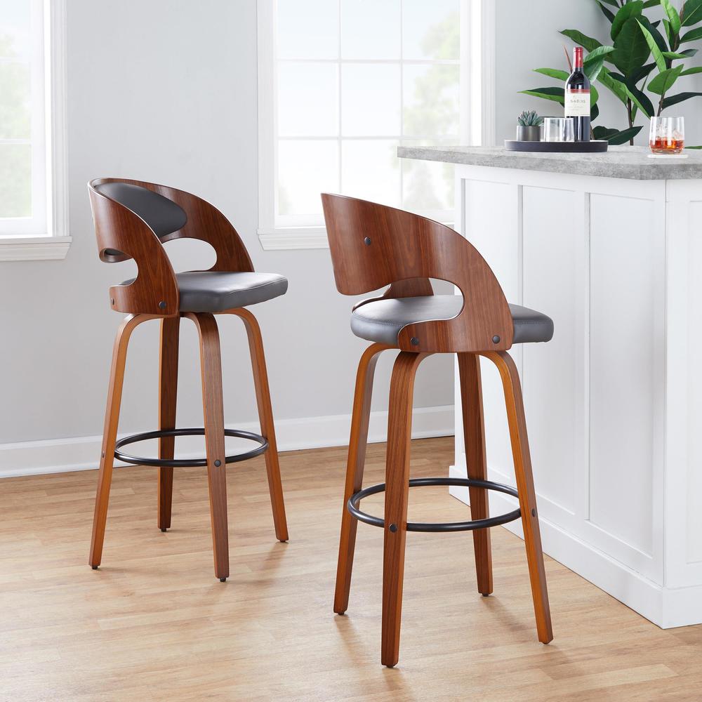 Walnut Wood, Grey PU, Black Metal Pino 30" Fixed-Height Barstool - Set of 2. Picture 7