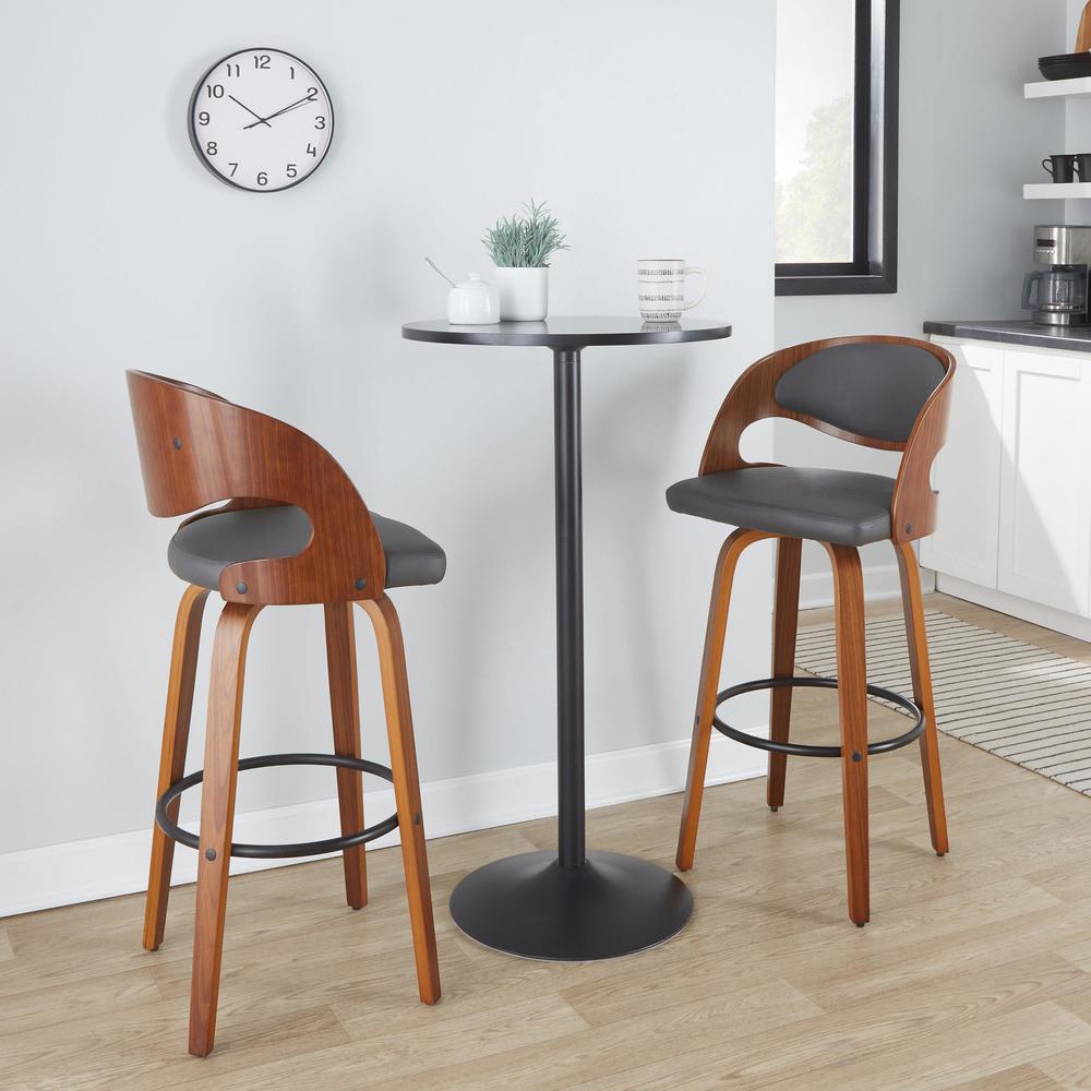 Walnut Wood, Grey PU, Black Metal Pino 30" Fixed-Height Barstool - Set of 2. Picture 8