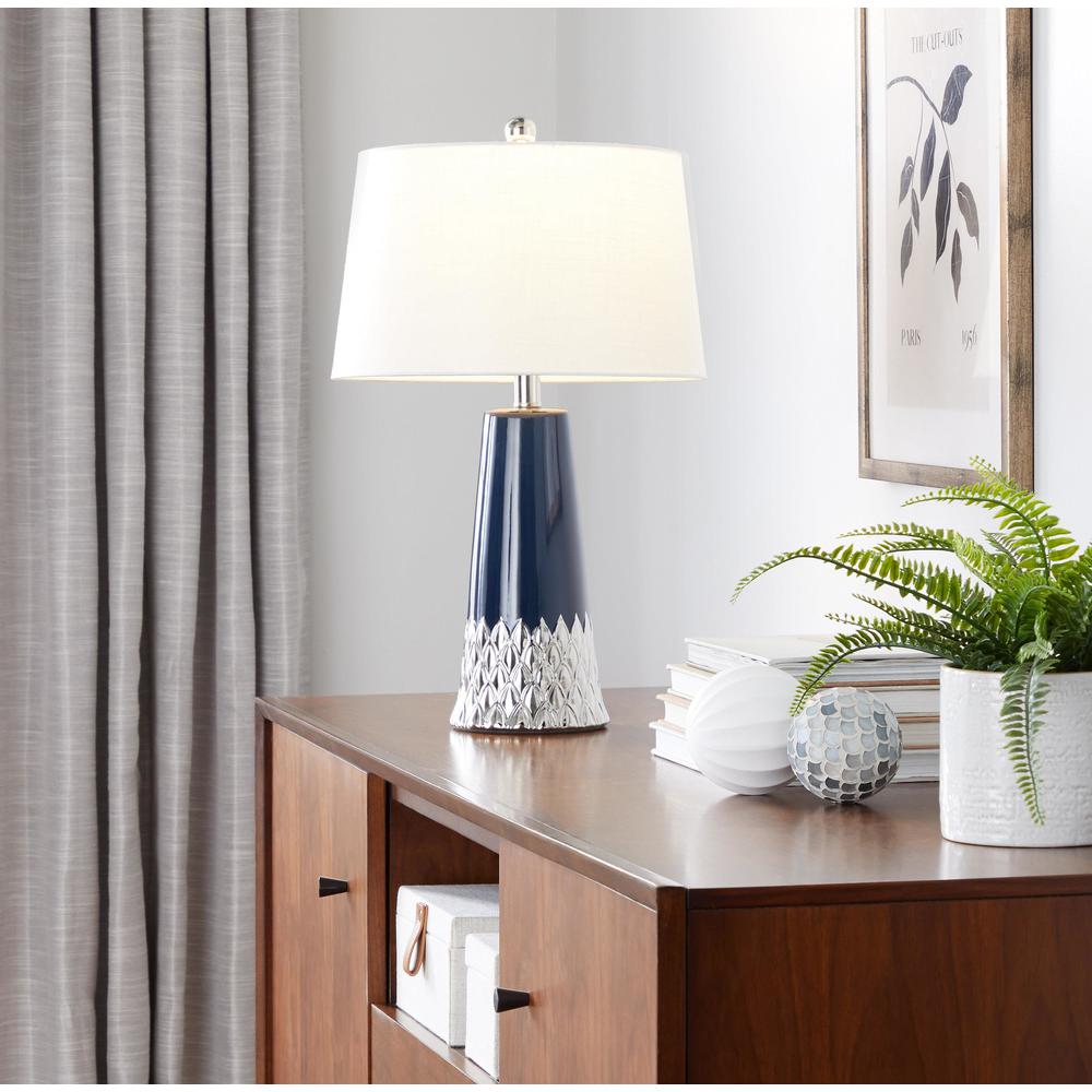 Dark Blue & Silver Ceramic Body, White Shade Penelope 22" Ceramic Table Lamp. Picture 5