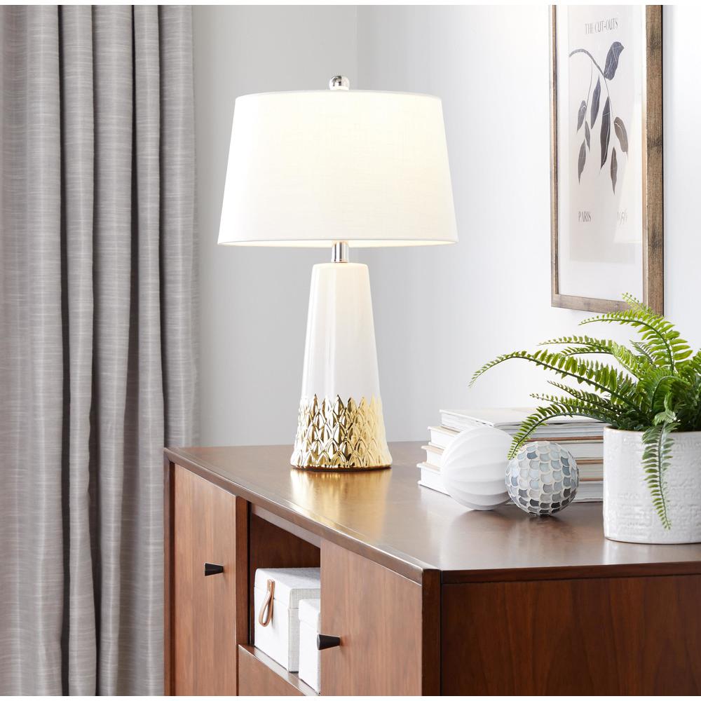 White & Gold Ceramic Body, White Shade Penelope 22" Ceramic Table Lamp. Picture 5