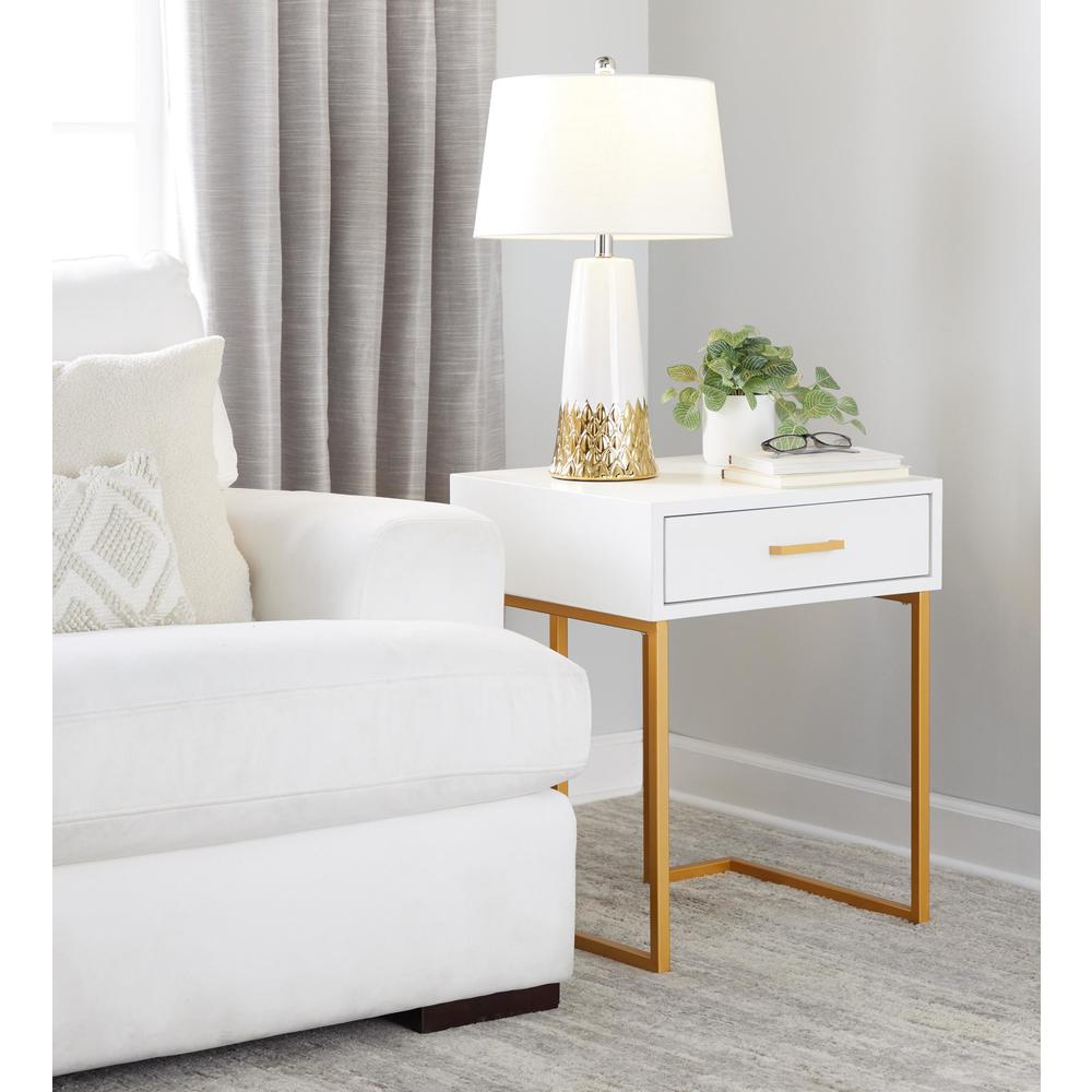 White & Gold Ceramic Body, White Shade Penelope 22" Ceramic Table Lamp. Picture 6