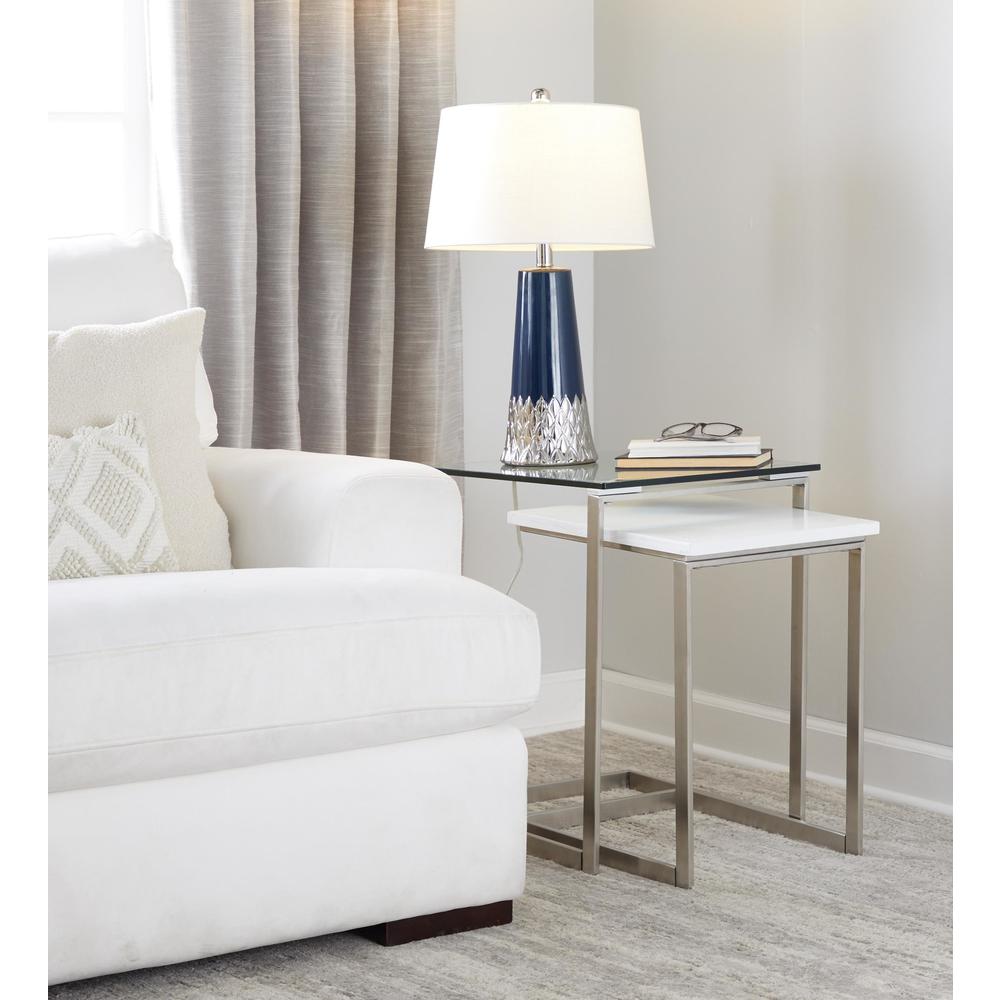 Dark Blue & Silver Ceramic Body, White Shade Penelope 22" Ceramic Table Lamp. Picture 6