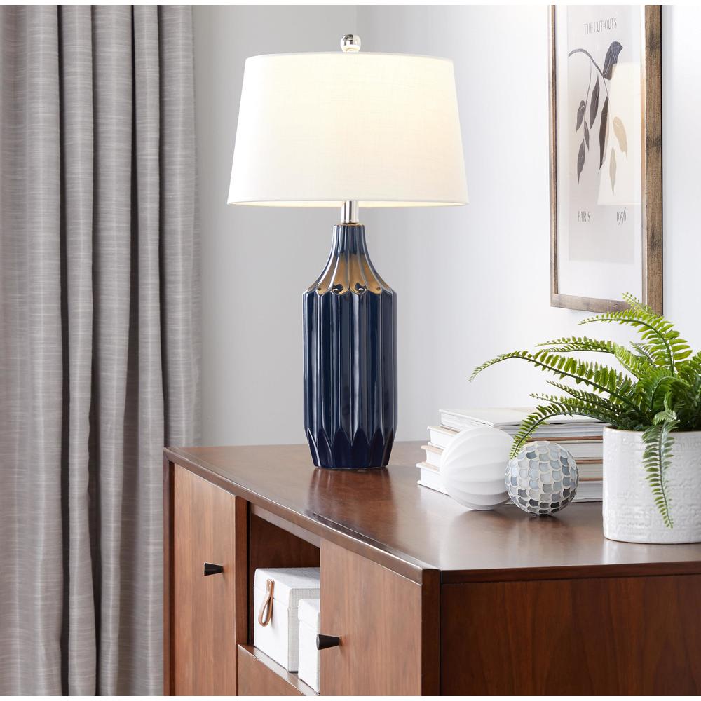 Gloss Dark Blue Ceramic, White Shade Stella 23" Ceramic Table Lamp. Picture 6
