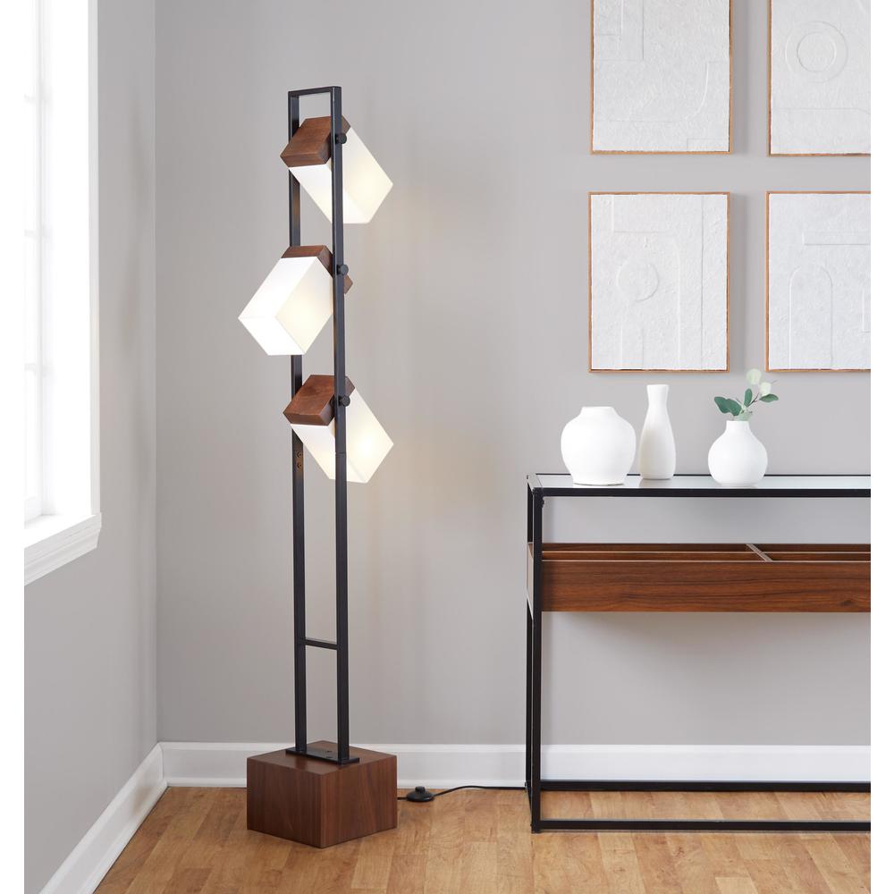 Black Metal, Walnut Wood, White Shade Bento 67.5" Metal Floor Lamp. Picture 11