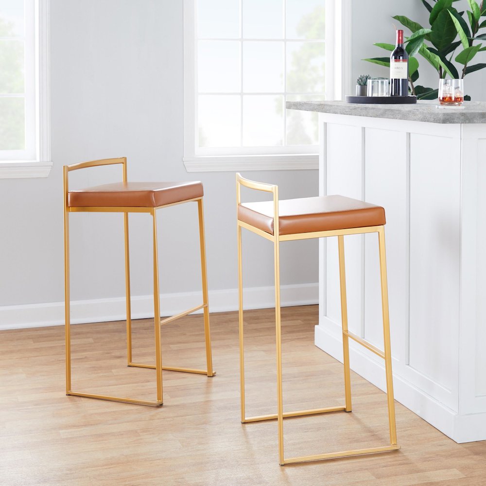 Fuji Stacker 30" Fixed-Height Barstool - Set of 3 in Gold Steel, Camel PU color. Picture 8