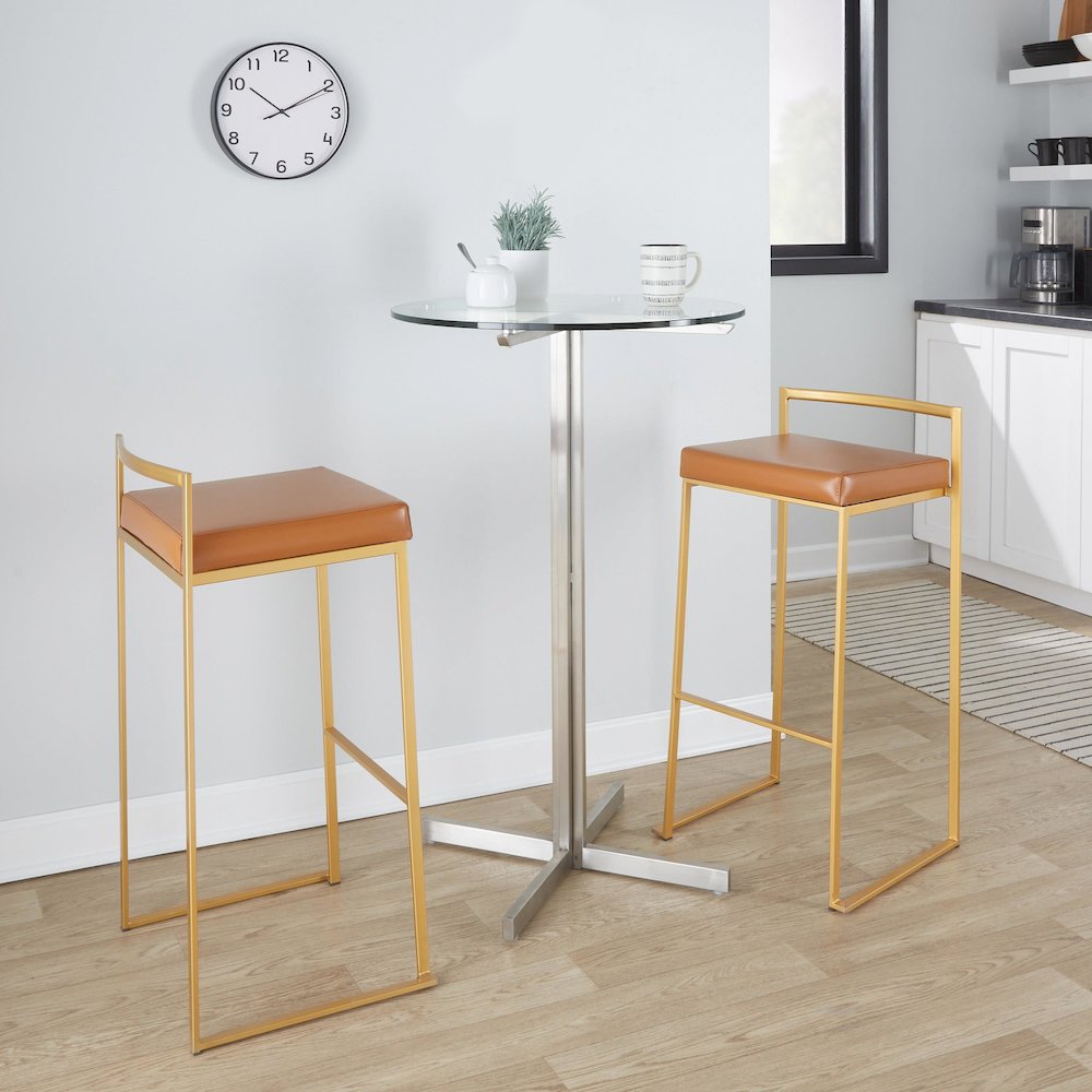 Fuji Stacker 30" Fixed-Height Barstool - Set of 3 in Gold Steel, Camel PU color. Picture 9