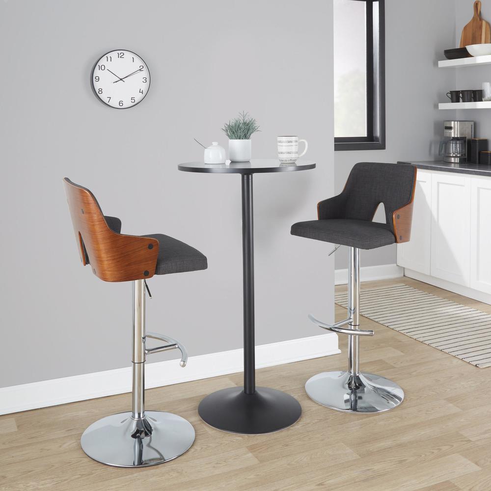 Chrome Metal, Walnut Wood, Charcoal Fabric Stella Adjustable Barstool - Set of 2. Picture 7