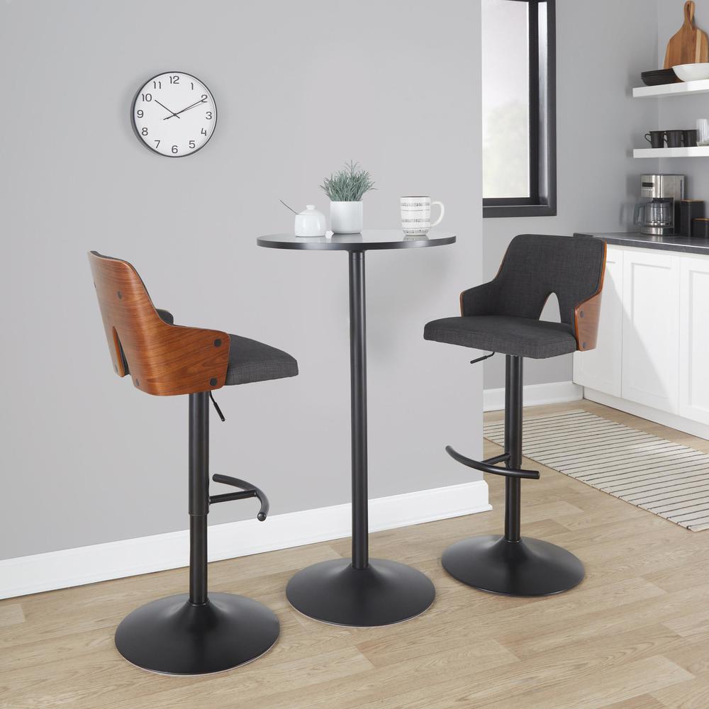 Black Metal, Walnut Wood, Charcoal Fabric Stella Adjustable Barstool - Set of 2. Picture 7