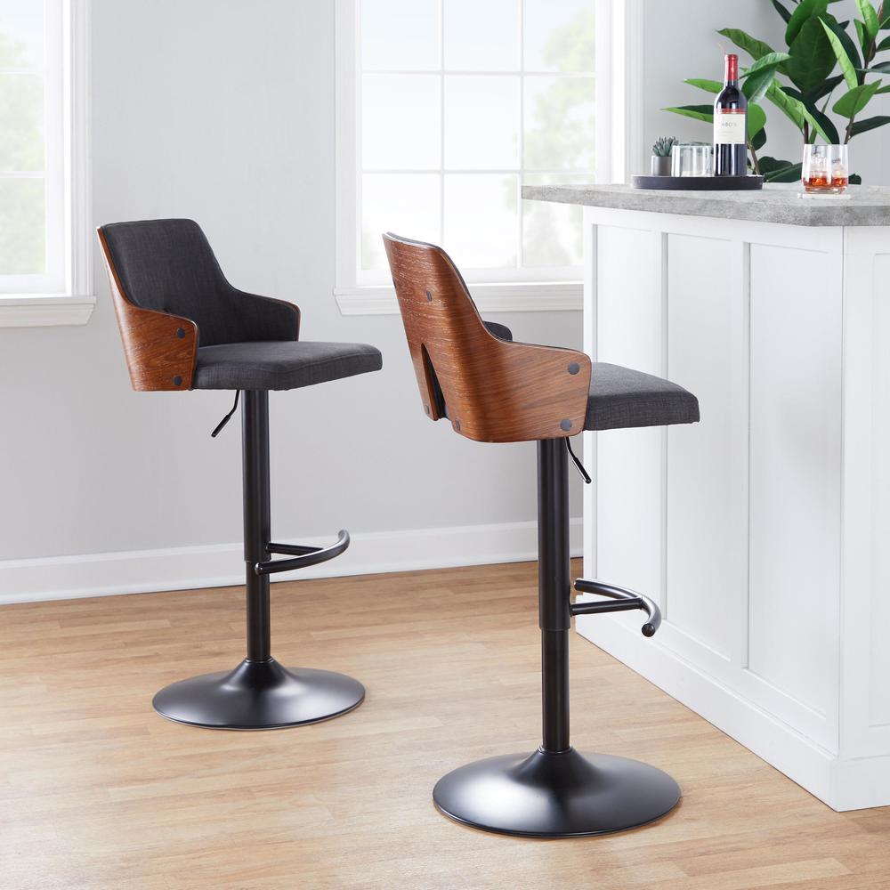 Black Metal, Walnut Wood, Charcoal Fabric Stella Adjustable Barstool - Set of 2. Picture 8