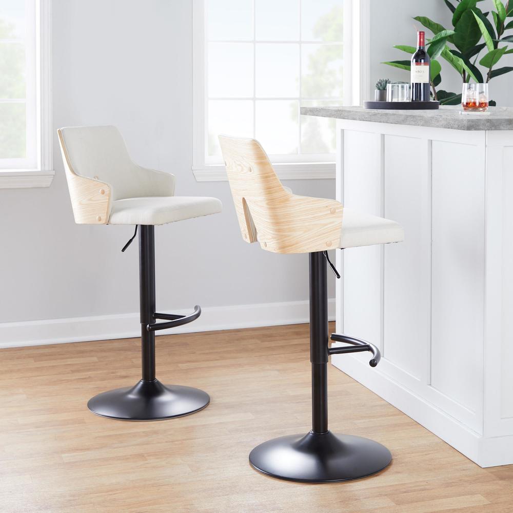 Black Metal, Natural Wood, Cream Fabric Stella Adjustable Barstool - Set of 2. Picture 8