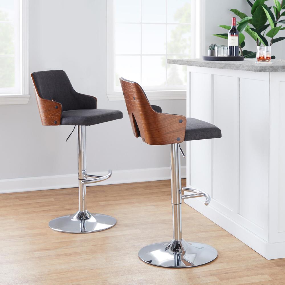 Chrome Metal, Walnut Wood, Charcoal Fabric Stella Adjustable Barstool - Set of 2. Picture 8
