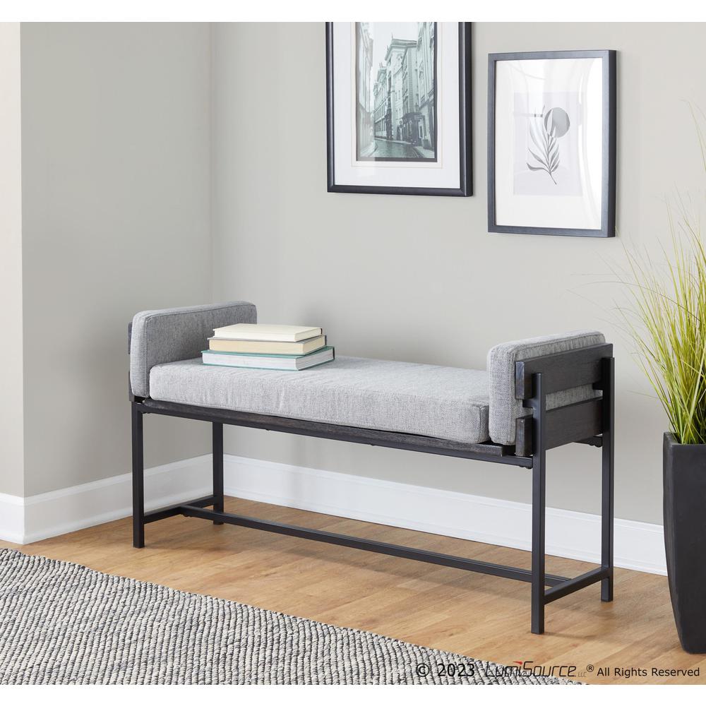 Black Metal, Grey Wood, Light Grey Fabric Kari Bench. Picture 6