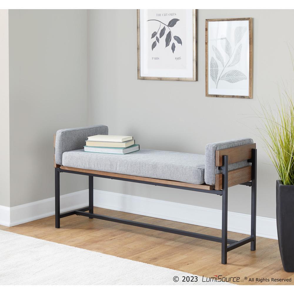 Black Metal, Brown Wood, Light Grey Fabric Kari Bench. Picture 6