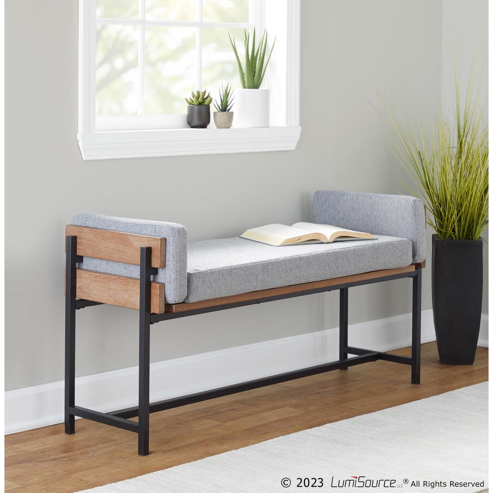 Black Metal, Brown Wood, Light Grey Fabric Kari Bench. Picture 7