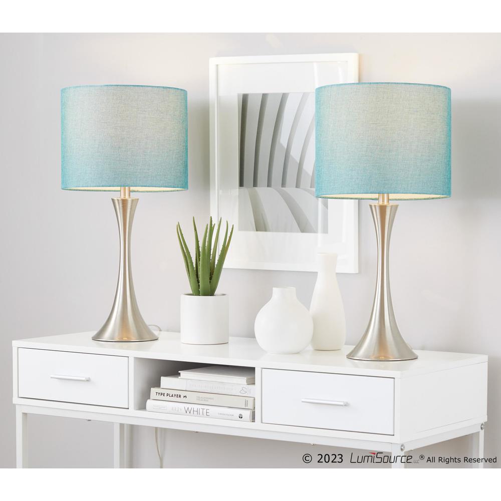Brushed Nickel, Turquoise Linen Lenuxe 24" Metal Table Lamp - Set of 2. Picture 10