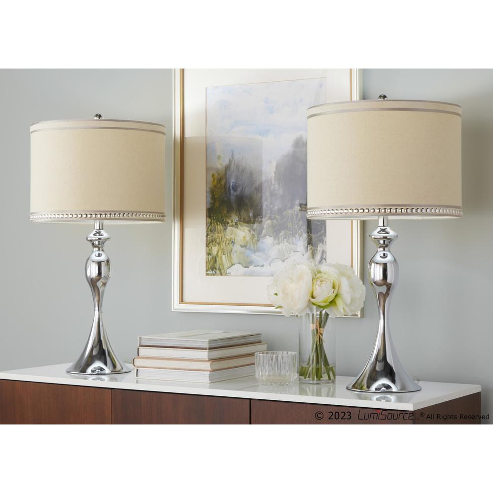 Polished Chrome, Cream Linen Ashland 27" Metal Table Lamp - Set of 2. Picture 7