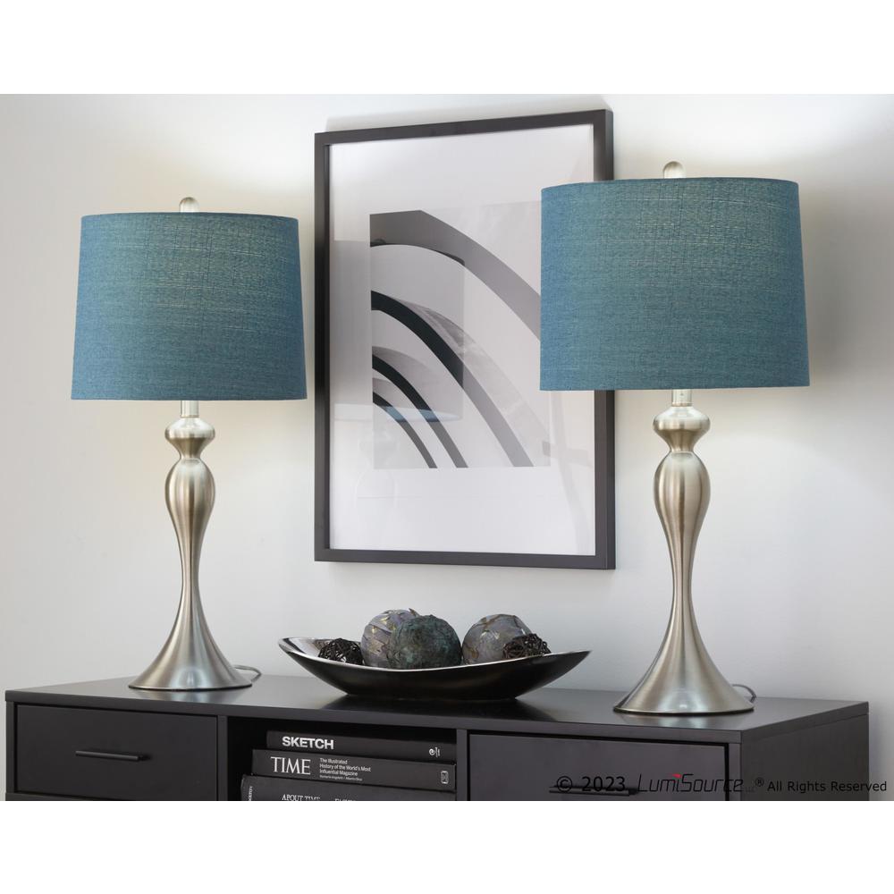 Brushed Nickel, Moroccan Blue Linen Ashland 27" Metal Table Lamp - Set of 2. Picture 8