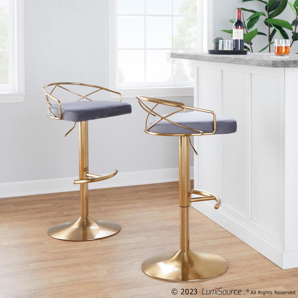 Gold Metal, Grey Velvet Charlotte Glam Adjustable Barstool - Set of 2. Picture 8
