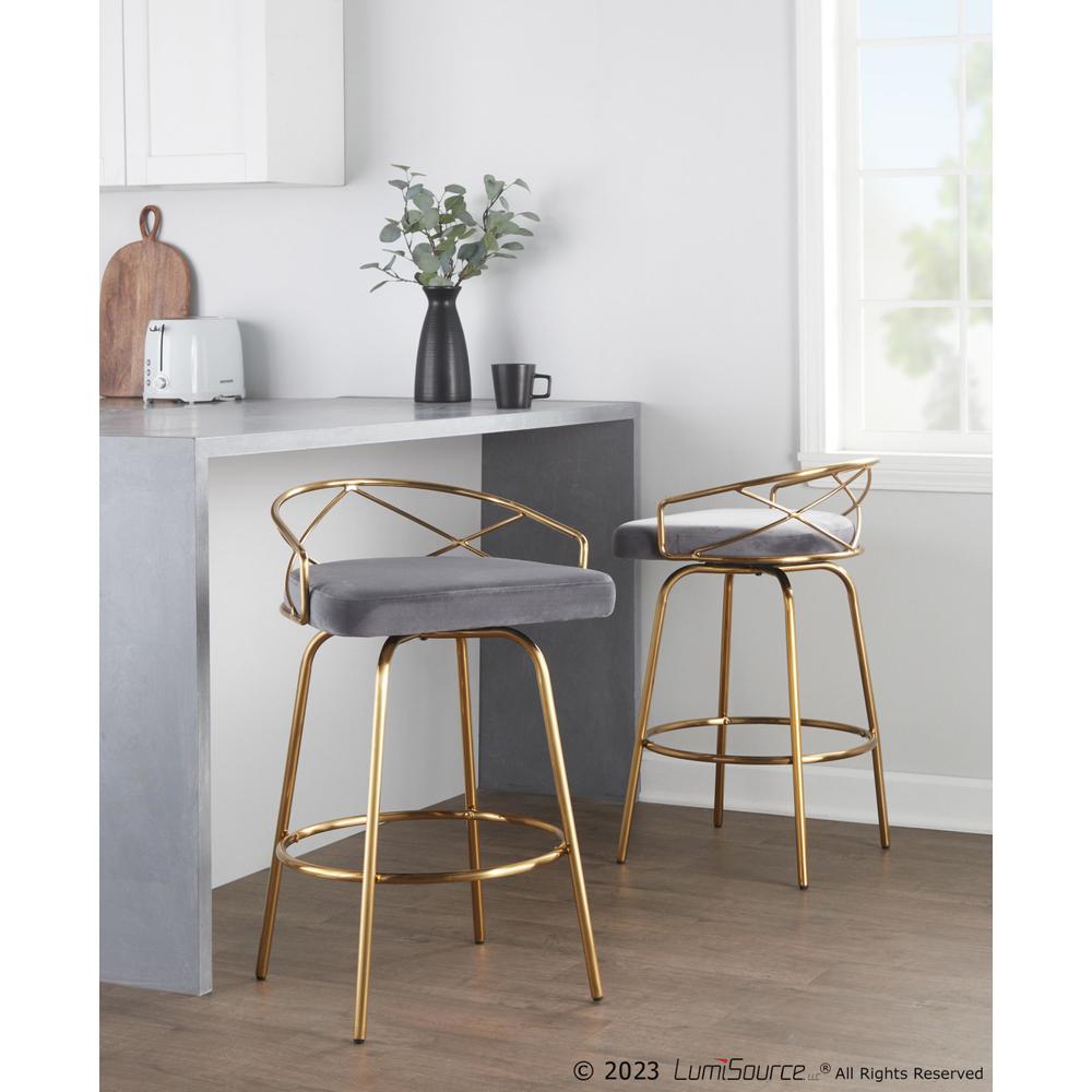 Gold Metal, Grey Velvet Charlotte Glam 26" Fixed-Height Counter Stool - Set of 2. Picture 7