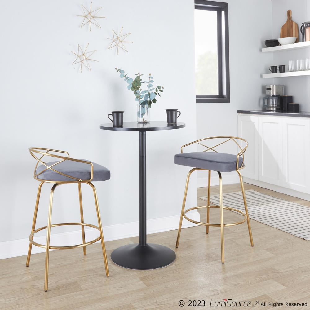 Gold Metal, Grey Velvet Charlotte Glam 26" Fixed-Height Counter Stool - Set of 2. Picture 8