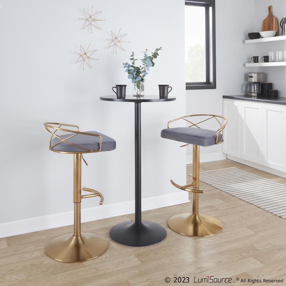 Gold Metal, Grey Velvet Charlotte Glam Adjustable Barstool - Set of 2. Picture 9