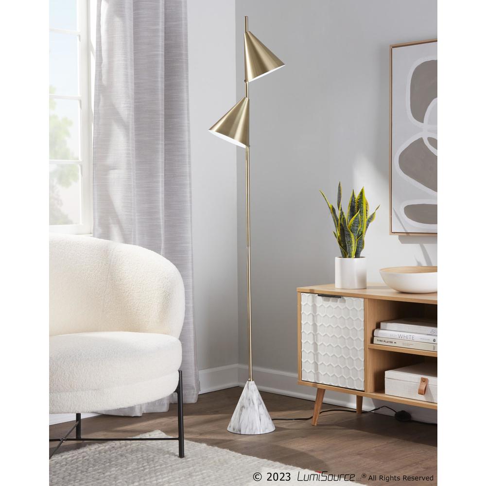 Gold Metal, White Faux Marble Cone 65" Metal Floor Lamp. Picture 9