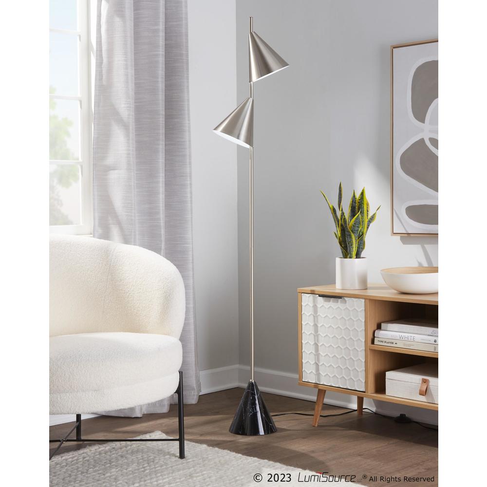 Plated Nickel, Black Faux Marble Cone 65" Metal Floor Lamp. Picture 9
