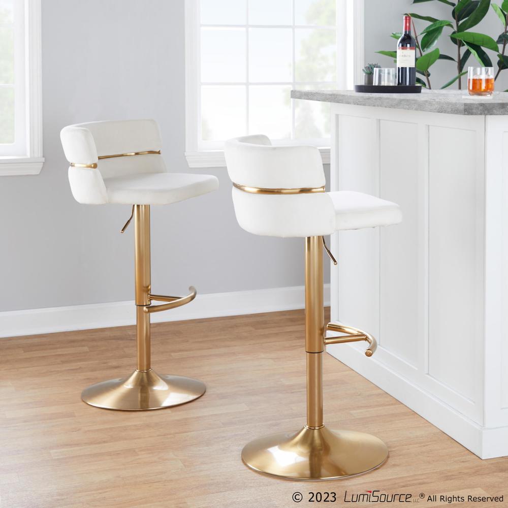 Gold Metal, Cream Velvet Cinch Adjustable Barstool - Set of 2. Picture 8