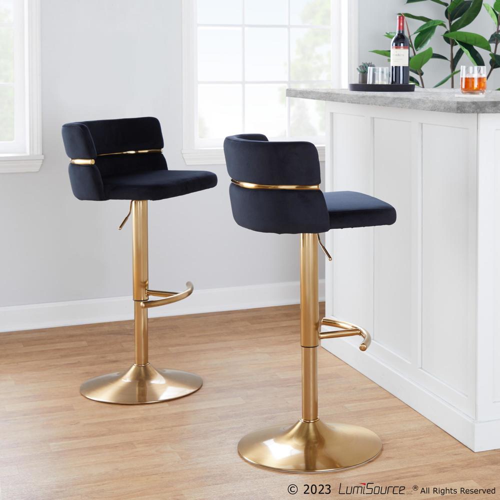 Gold Metal, Black Velvet Cinch Adjustable Barstool - Set of 2. Picture 7