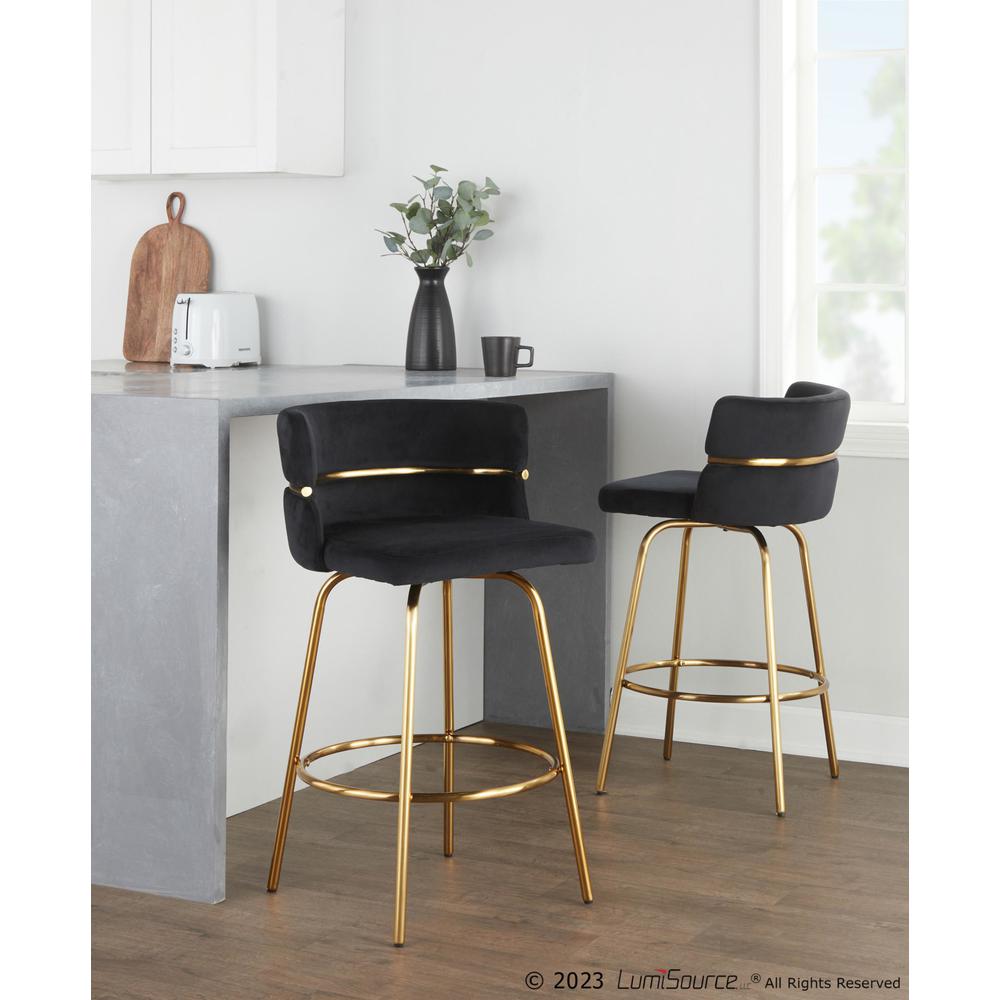 Gold Metal, Black Velvet Cinch Claire 26" Fixed-Height Counter Stool - Set of 2. Picture 7