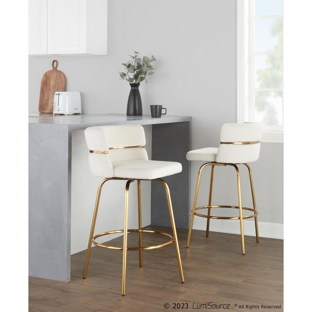 Gold Metal, Cream Velvet Cinch Claire 26" Fixed-Height Counter Stool - Set of 2. Picture 9