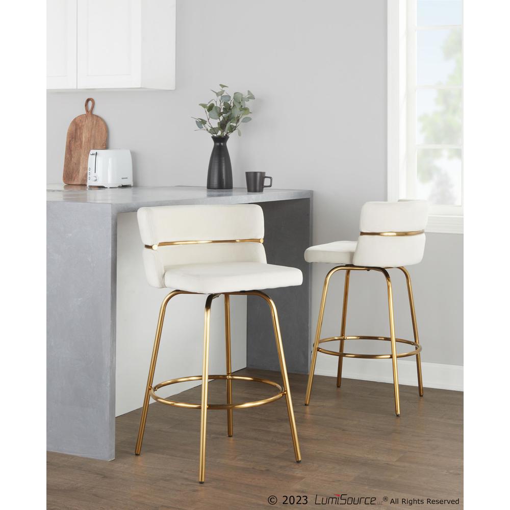 Gold Metal, Cream Velvet Cinch Claire 26" Fixed-Height Counter Stool - Set of 2. Picture 8