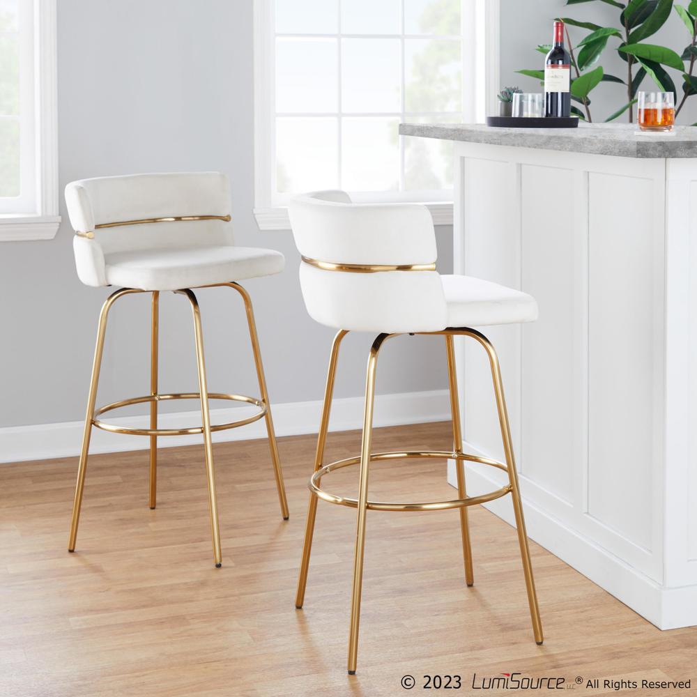Gold Metal, Cream Velvet Cinch Claire 30" Fixed-Height Barstool - Set of 2. Picture 9