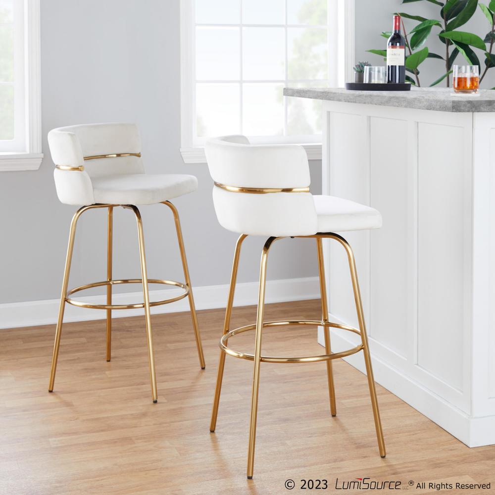 Gold Metal, Cream Velvet Cinch Claire 30" Fixed-Height Barstool - Set of 2. Picture 8